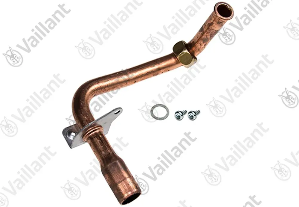 Kupfergasrohr mit einer Biegung und Befestigungselementen, hergestellt von Vaillant, für den Einsatz in Heizsystemen.